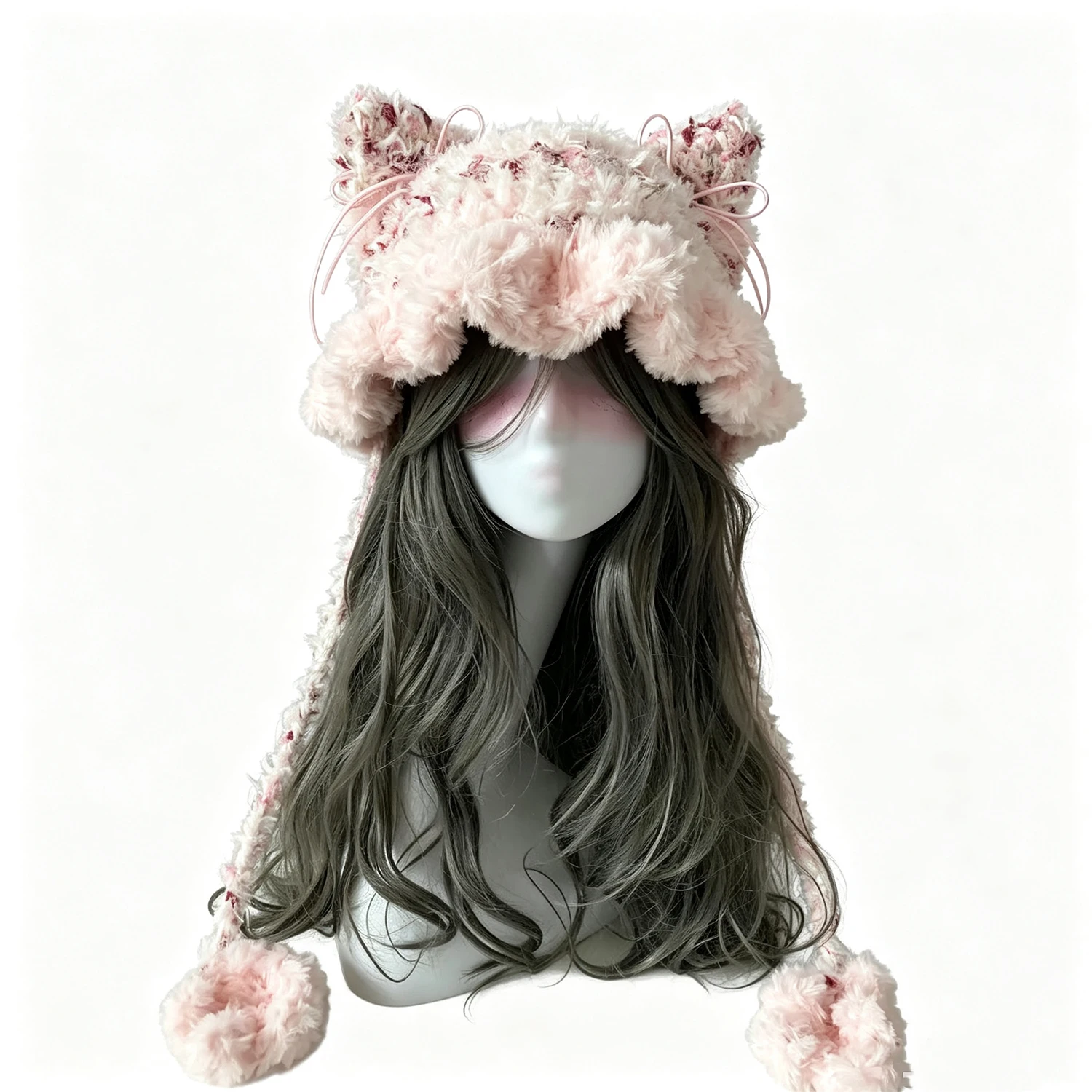 Custom Handmade Crochet Kawaii Pink Cat Ear Hat Women Fuzzy Ruffled Paw Knitted Beanie Girl Lolita Sweet Winter Plush Headwarmer