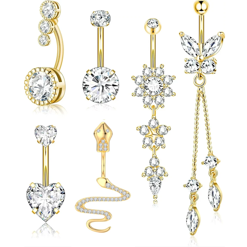 6pcs Gold Color Reversed Barbell Clicker Belly Button Rings Sets 14G Curved Butterfly Snake Dangled Navel Belly Piercing Nombril