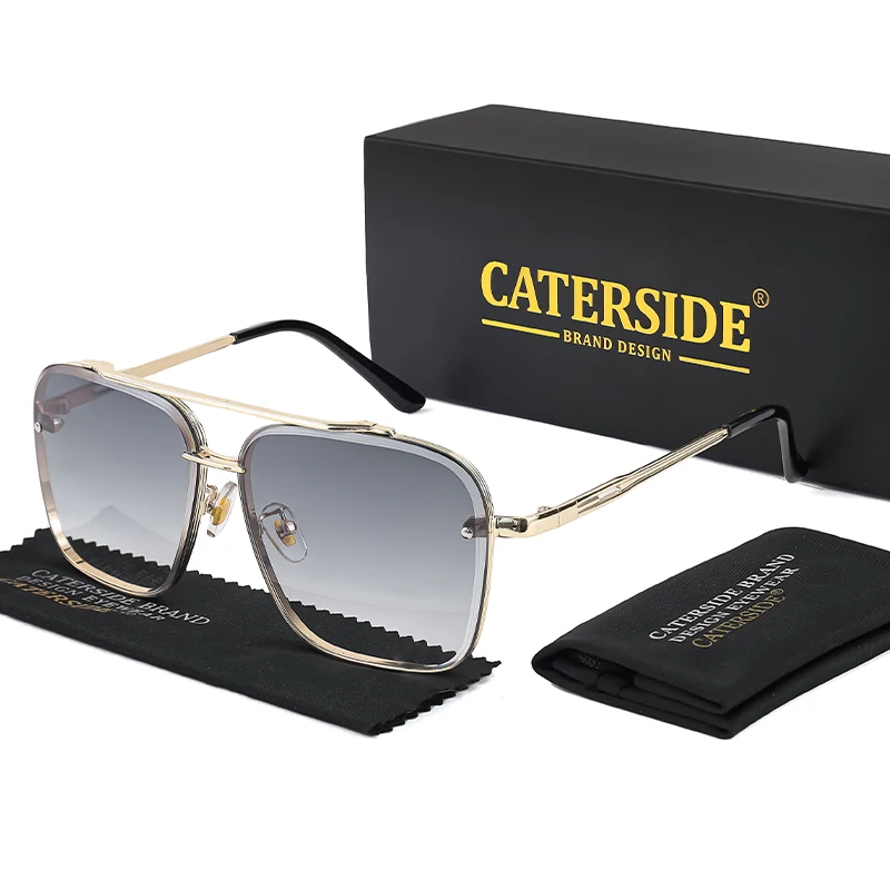 CATERSIDE Retro-Sonnenbrille mit großem Metallrahmen für Herren, flache Oberseite, Doppelbrücke, hochwertige Sonnenbrille für Damen, Party- und Festival-Brillen – Detail 10