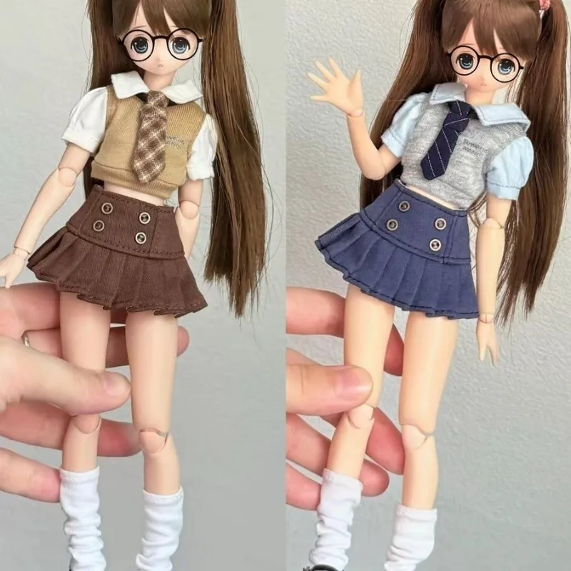 Obitsu 24 Doll Clothes JK Uniform Knit Vest Bubble Sleeve Shirt with Tie&Cowboy Pleated Skirt for Blythe 1/6 BJD Dolls Dress Up