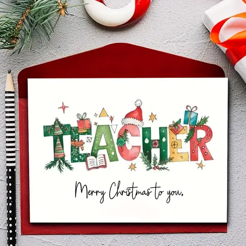 1/5pcs Funny Teacher Christmas Card Word Cloud Pencil Hat Design Classroom Greeting for Teachers Graduation New Year Gifts set