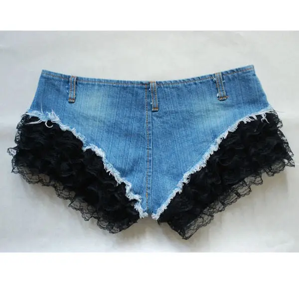 2025 New Nightclub women's Sexy Ultra Low Waist Denim Jeans Lace Splicing Shorts Dj Pole Dance