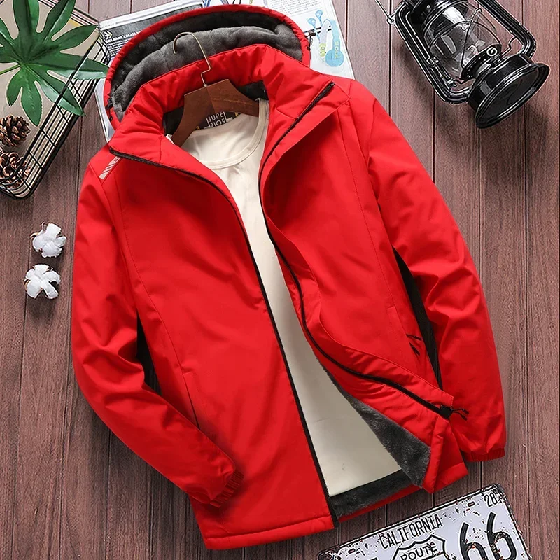 Men's Winter Warm Jacket Red Fleece Linning Outdoor Casual Parka Coat Hooded Windbreaker Detachable Hoodies Thick Warm Outerwear