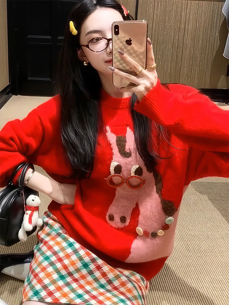 

Red Knitted Long Sleeve Christmas Pattern Loose Women's Top Cartoon Design Autumn Winter Comfortable Slimming Casual Shirt
