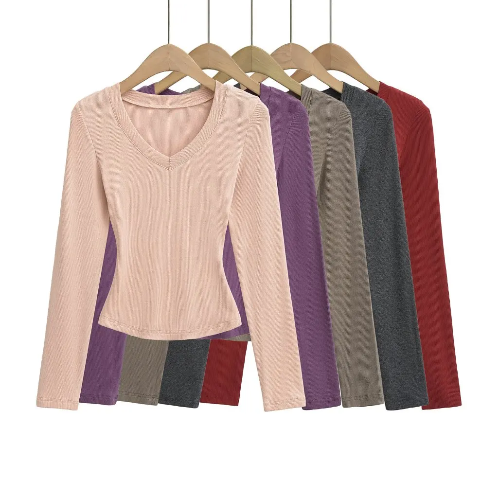 

Kardashian Basic Women's V-neck Slim-fit Long-sleeved T-shirt Hourglass Waist Slimming Base Shirt Top for Autumn Winter