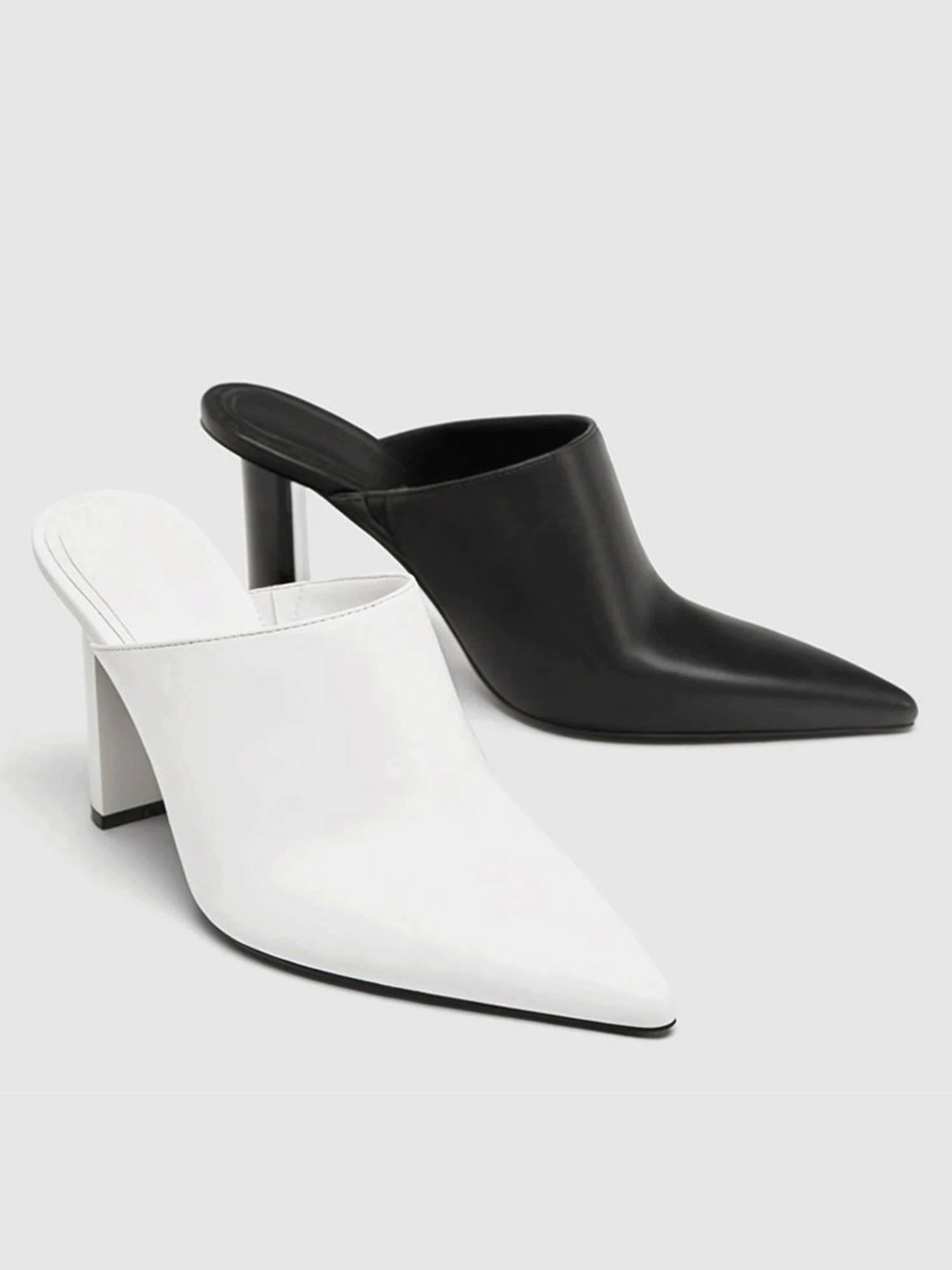 Fashionable High Heel Women's Shoes Spring Summer New Style Roman Style Leather Interior Pointed Toe Half Slippers Mules