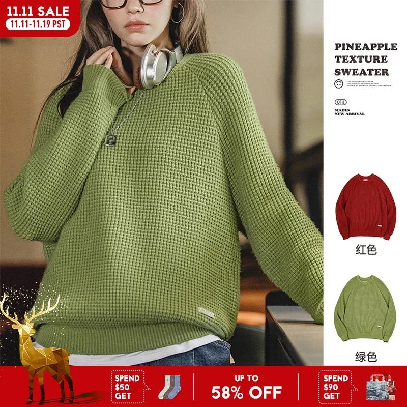 

Maden Women’s Knitted Sweater Pineapple Texture Loose Thickened Pullover Knitwear Raglan Sleeve Green Autumn Winter Tops