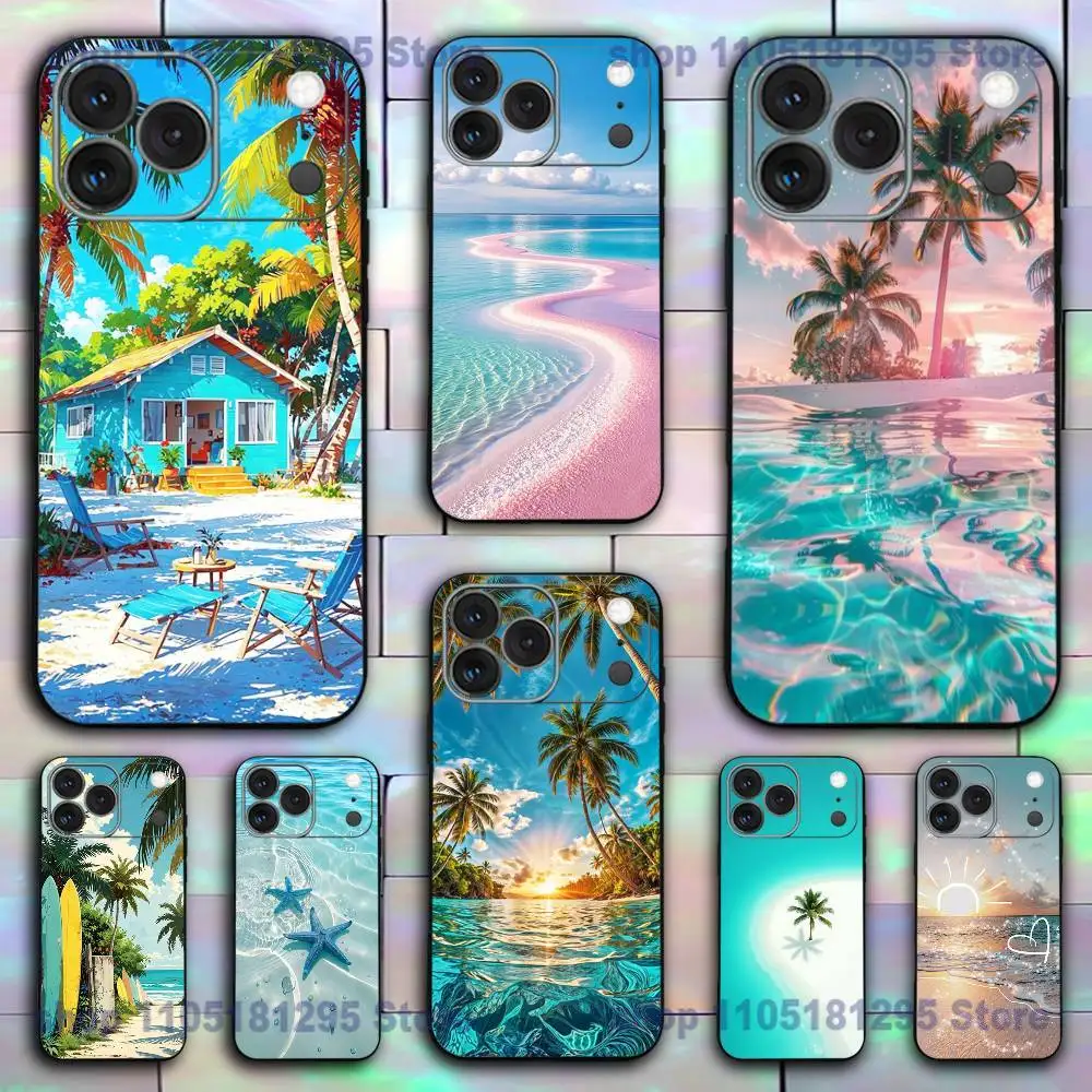 

Sea Tropical Palm Trees Beach Clear Silicone Case for iPhone 17,16,15,14,13,12,11,Pro,Max,Mini,XS,X,8,Plus Shockproof Cover