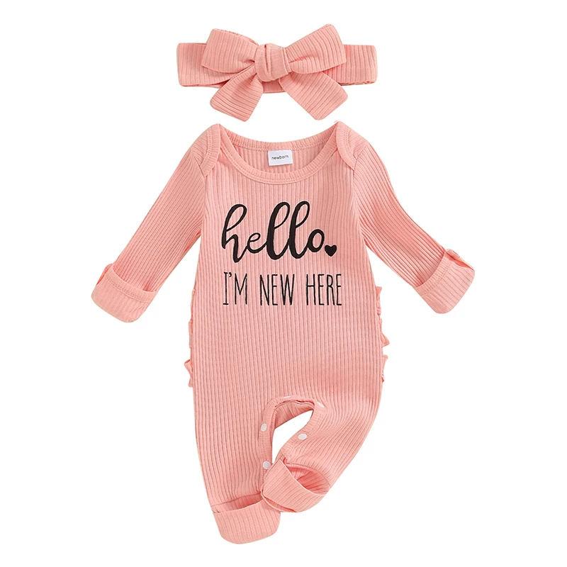 

Baby Girl Fall Romper Letter Print Ribbed Long Sleeves Round Neck Full Length Jumpsuit with Headband