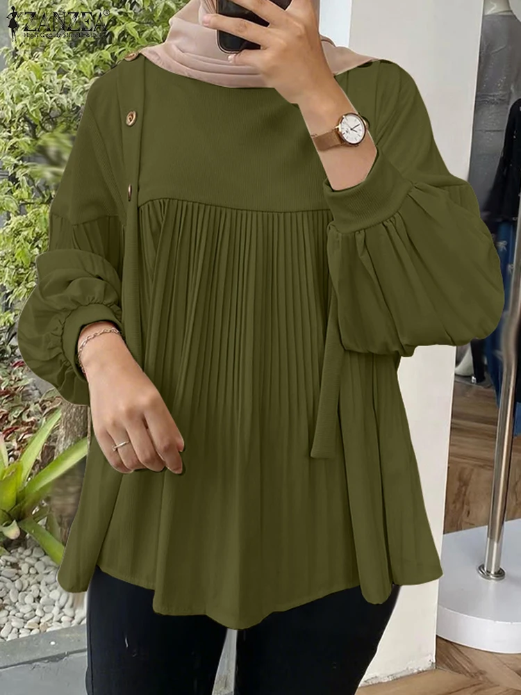 

Women Autumn Patchwork Blouse 2025 ZANZEA Stylish Woman Long Lantern Sleeve Tops Elegant Pleated Work Shirt Muslim Hijab Blouses