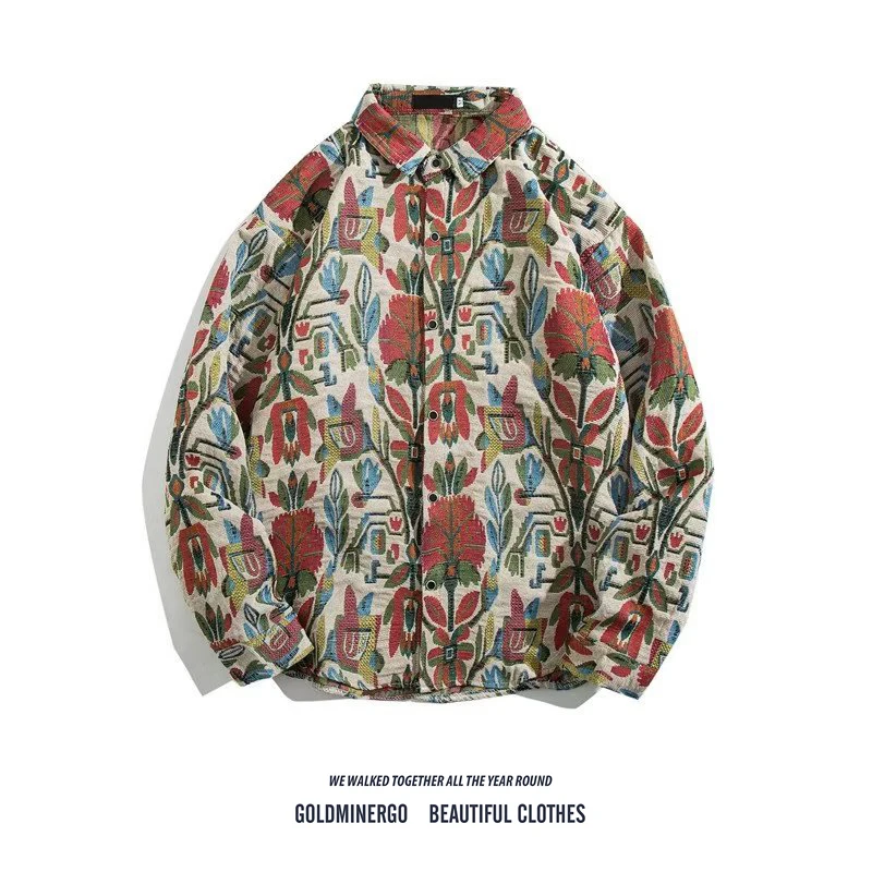 

Retro Floral Print Long Sve irt Jaet Men's Loose Fit Casual Vintage Harajuku Sle Outerwear Polyester Fiber Coat