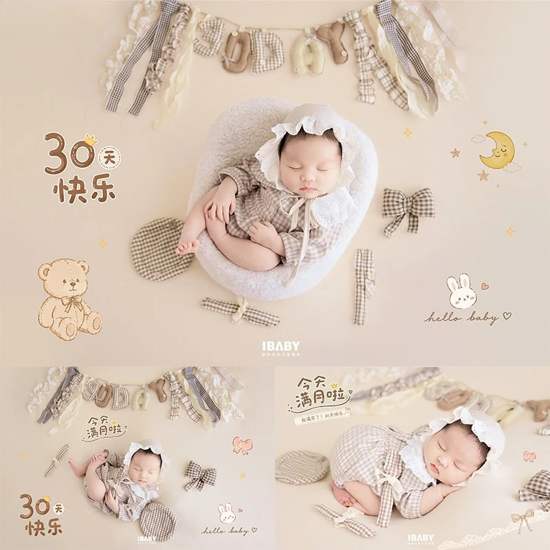 newborn-photography-props-cute-ins-baby-girls-plaid-outfit-with-hat-30-days-letters-flag-decors-for-studio-photoshoot-pictures