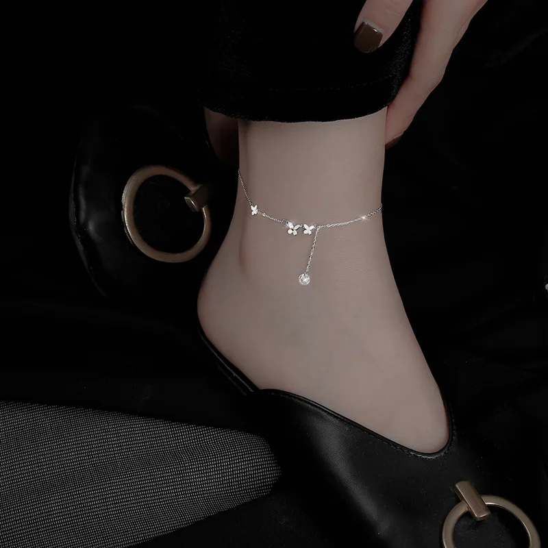 Sam panda 925 Sterling Silver Butterfly Anklet dla kobiet Delikatna bransoletka z frędzlami z cyrkoniami Biżuteria letnia — zdjęcie 3