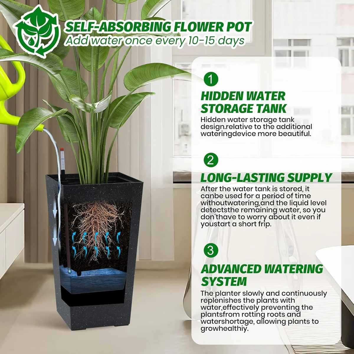 مجموعة مزارعي مستطيلة مكونة من 2، أوعية نباتات كبيرة مع فتحات تصريف ومراقبة مستوى المياه لغرف الشرفة الداخلية الخارجية #3