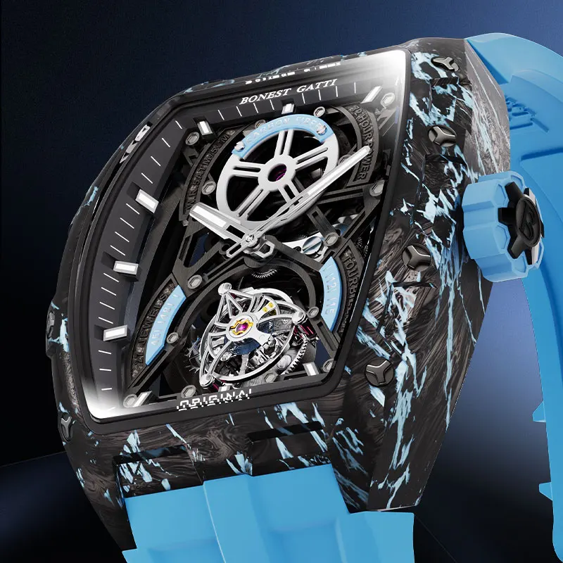 

BONEST GATTI New Luxury Men's Watches Tourbillon Skeleton Automatic Wristwatch Carbon Fiber Luminous Barrel-Shaped Case