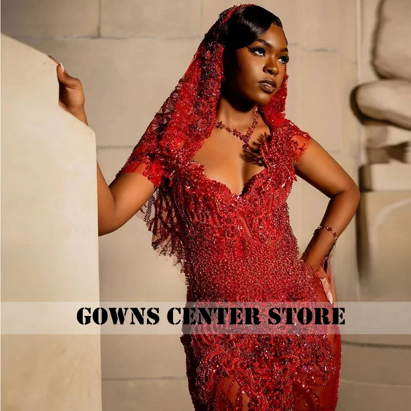 히잡이 달린 섹시한 시스루 레드 댄스 파티 드레스 라인스톤 인어 파티 가운 크리스탈 베스티도스 드 갈라 맞춤형