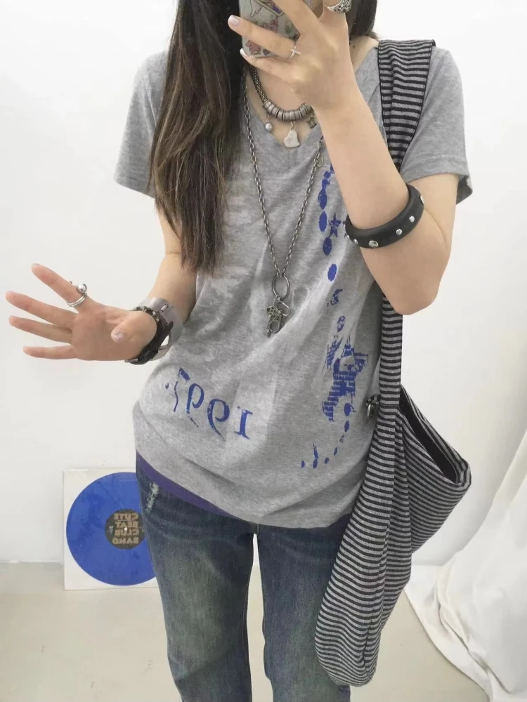 Y2K Vintage Fake Two Piece V Neck Fitted Shoulder T Shirt Women Vintage Print Ruched Waist Short Sleeve Slim Fit Casual Streetwe