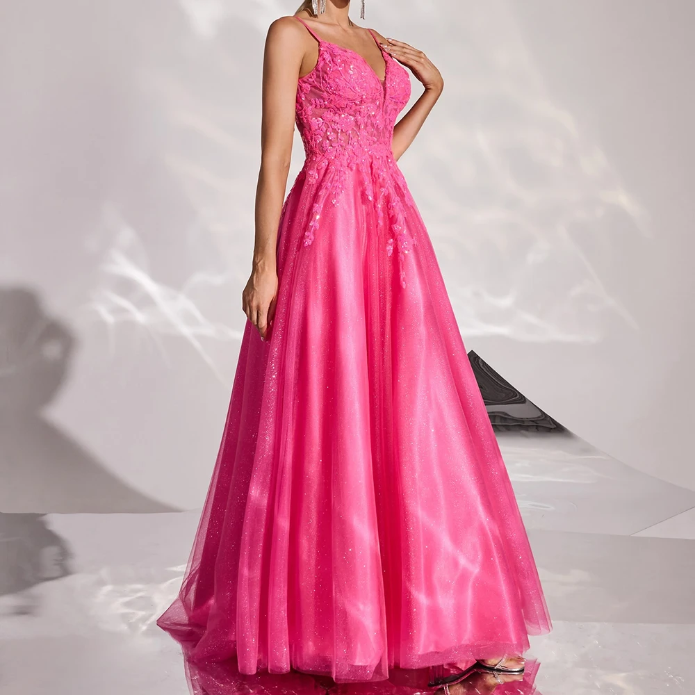 Customized A-line Evening Dresses Floor-length Spaghetti Strap Sleeveless Prom Gown Fashion Flowers Sequined Backless Party Gown