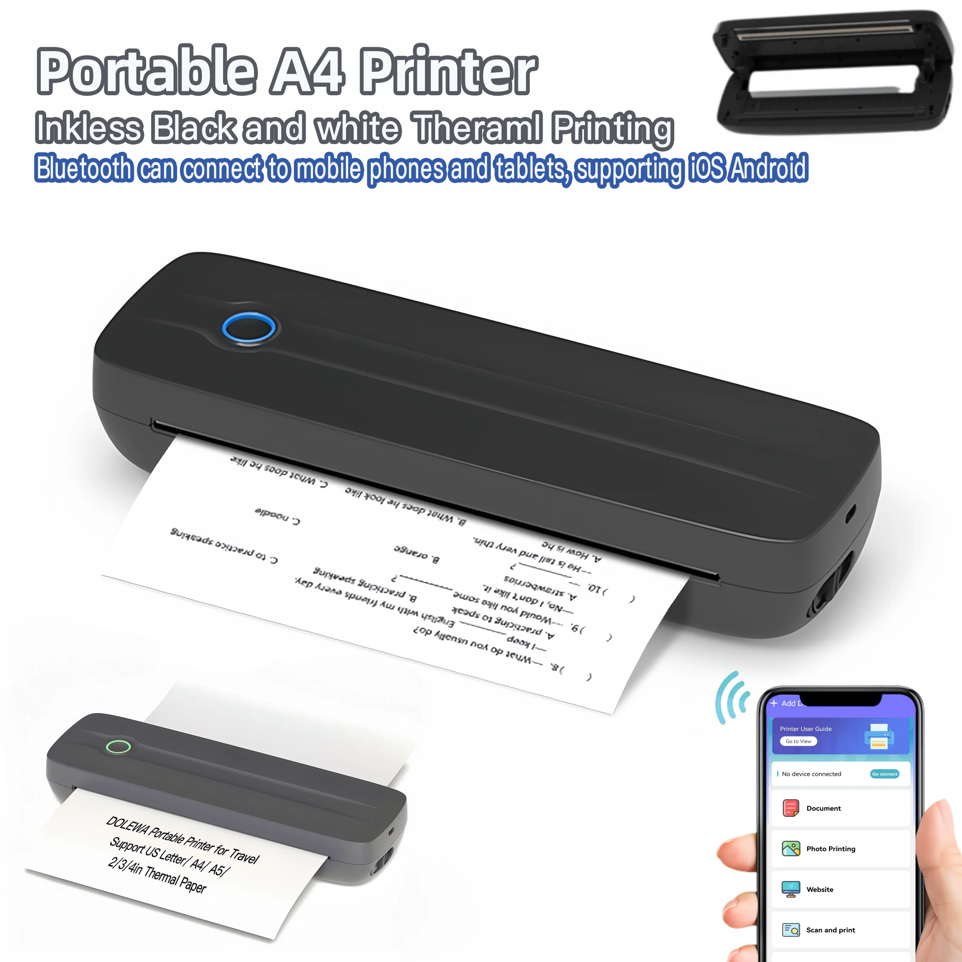 DOLEWA Y8 Portable A4 Printer Inkless Thermal Tattoo Printing Machine Bluetooth A4 Printer for Mobile Phones Tablets Android IOS