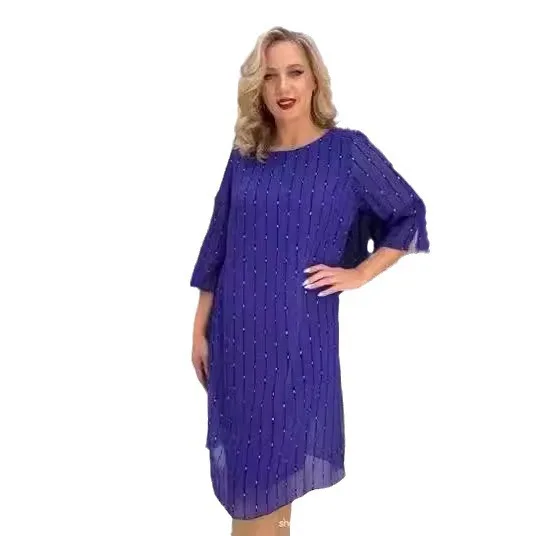 

Blue Spring 2025 Women Dress Casual 3/4 Sleeve O-Neck Print Midi Dress
