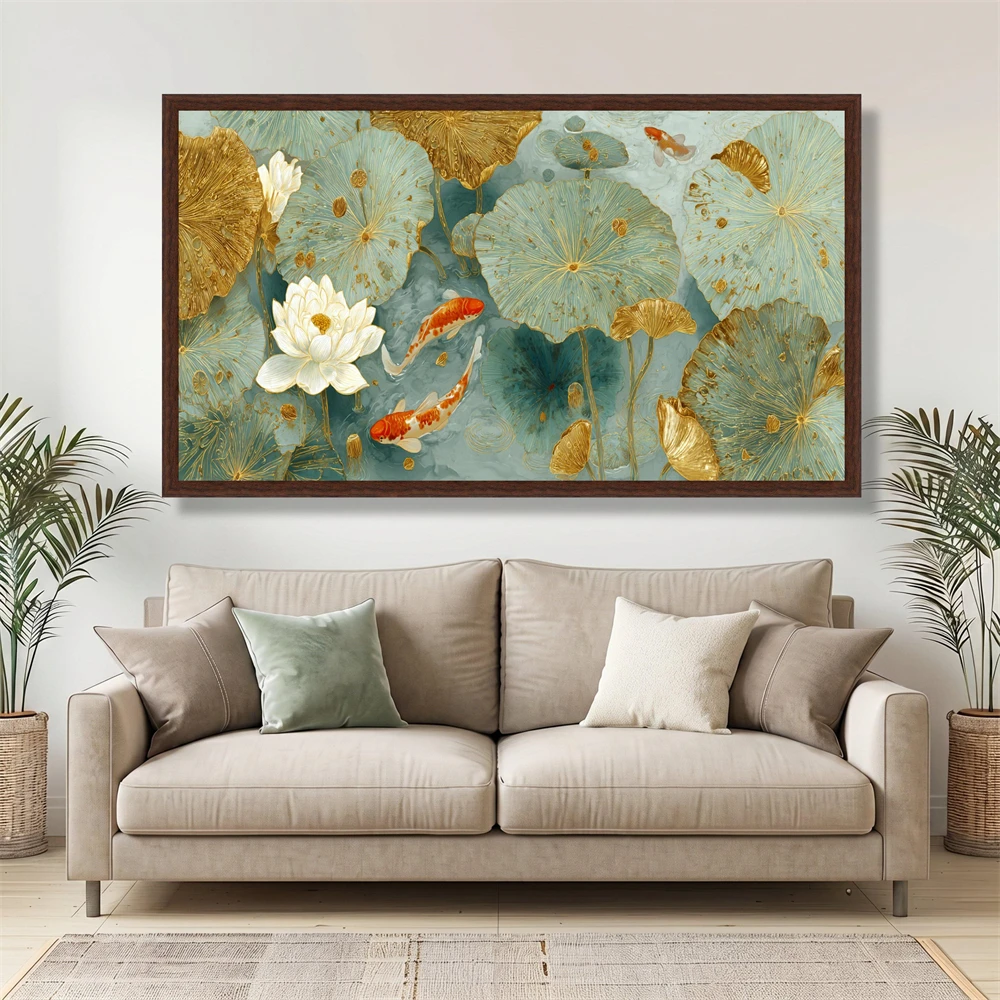 Elegant Lotus Pond Prints Koi Fish and Water Lilies Art Poster Blue and Gold Floral Nature Tranquil Water Garden Canvas Painting