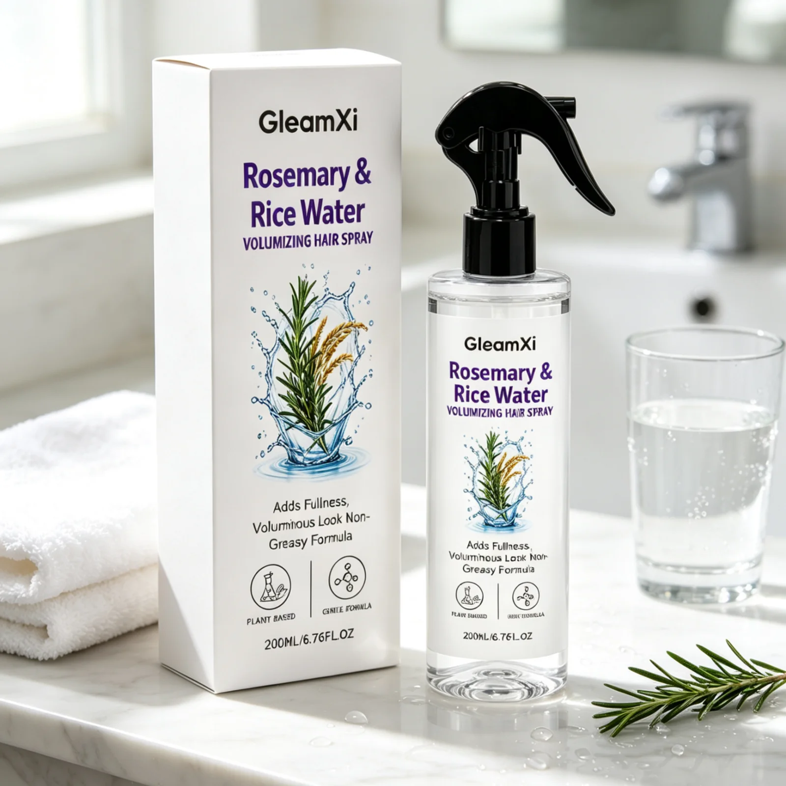 GleamXi Rosemary Hair Spray Long Lasting Moisturizing Reduce Dryness Soft Smooth Anti Frizz Gentle Rice Water Hair Spray 200ml