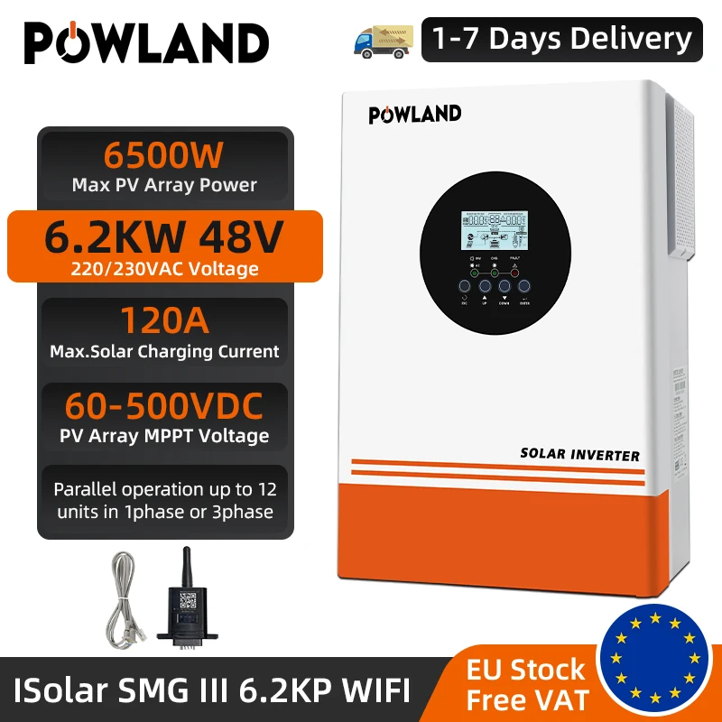 POWLAND 6.5KW Hybride Omvormer MPPT 48V 220V Max PV 500VDC 9000W Ingang 120A Zonnelader BMS Fotovoltaïsche Omvormer Ingebouwde WIFI