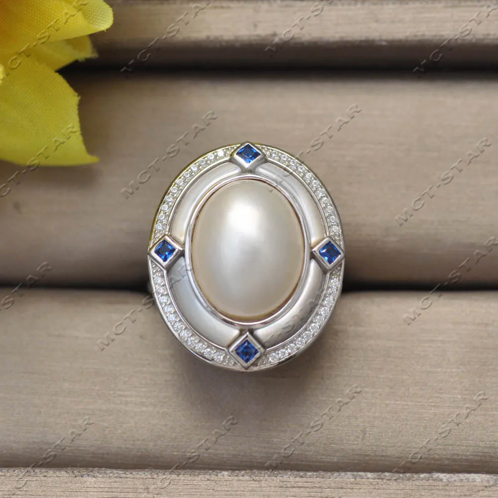Z13801 Huge Real 26mm White Oval South Sea Mabe Pearl Ring 925silver CZ Custom Jewelry