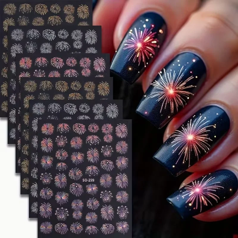3pcs Firework nail stickers - 3D gold and silver New Year fireworks nail stickers for decoration with gold and silver powder