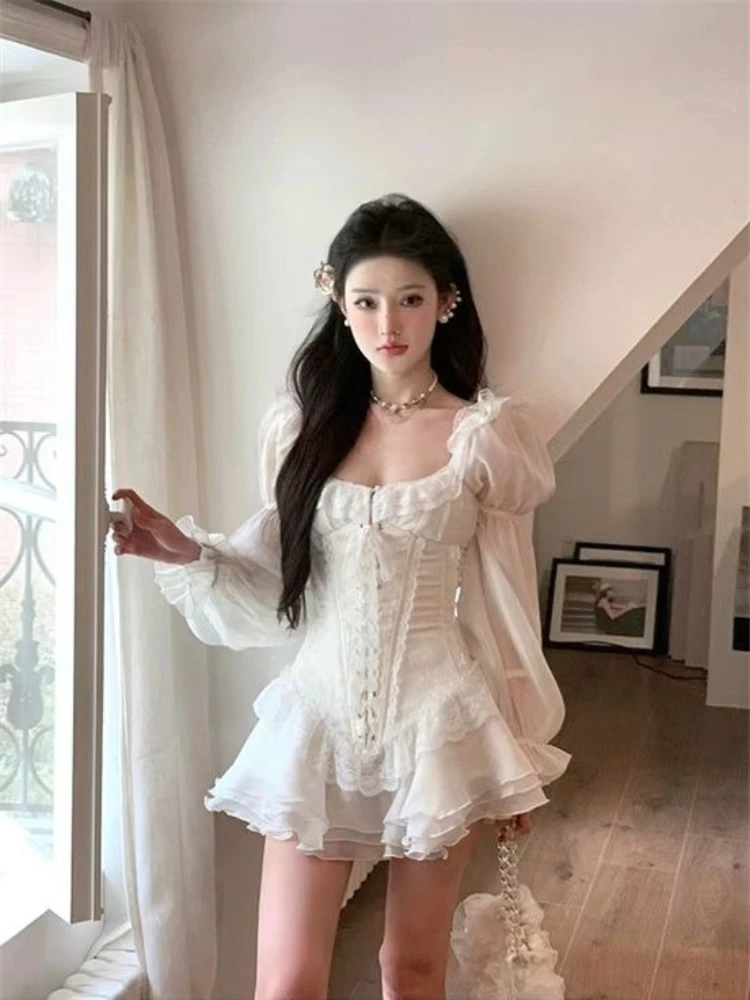 French Style Sweet Lace Up Long Sleeve Dress New Autumn Fashion Slim Fit Puff Dresses Women Solid Color Elegant One Piece Dress