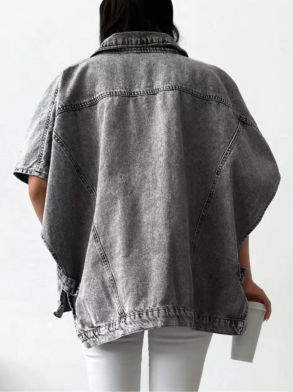 Women's Gray Denim Jacket, Short-Sleeve Casual Loose Top