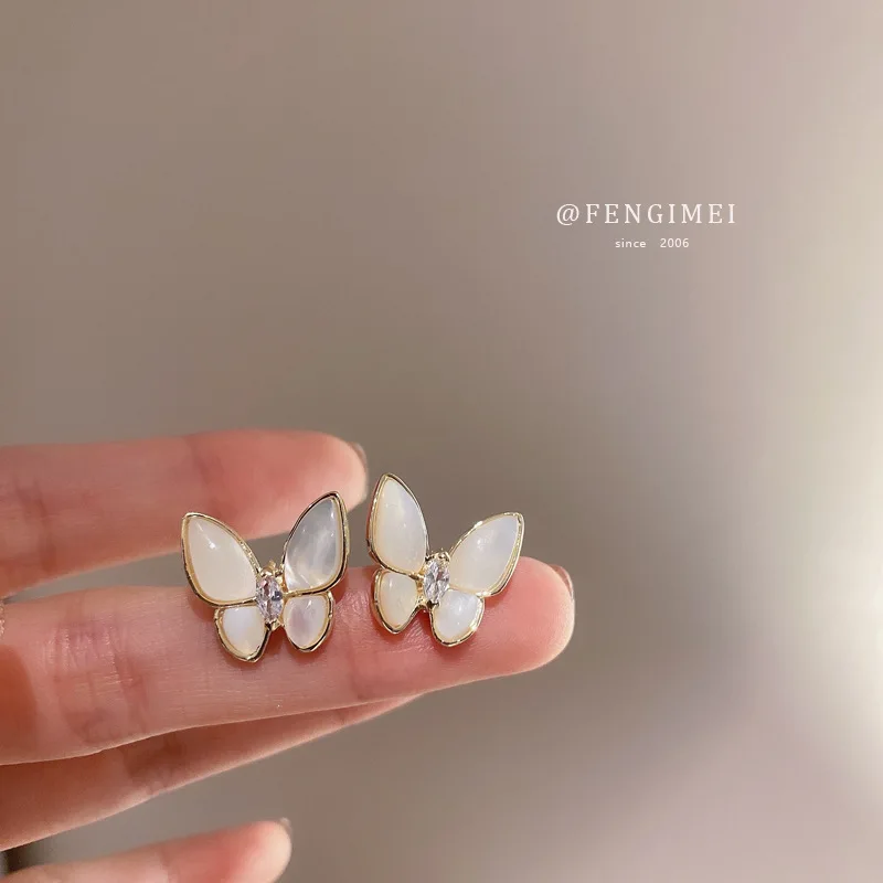 925 Silver Needle Mother-of-pearl Zircon Butterfly Earrings Sweet and Fashionable Temperament Earrings All-match Earrings