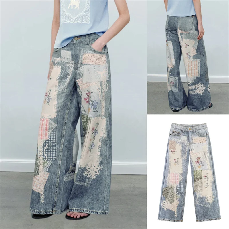 Retro Style Mixed Cotton Blend Casual Wide Leg Pants Women's Spring New Fashion Print Trousers High Waist Zipper Closure