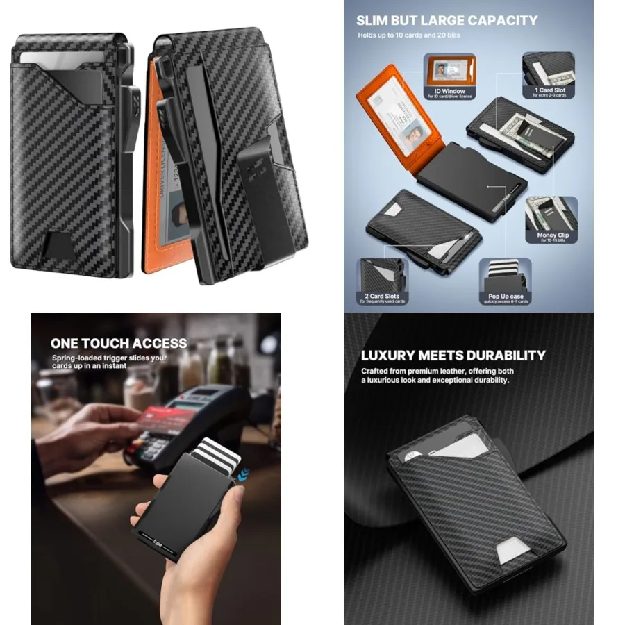 

Tactical Wallet for Men Card Holder: Pop Up Card Case, Genuine Leather, Smart, RFID Blocking, Slim, Minimalist, Thin, Front Poc