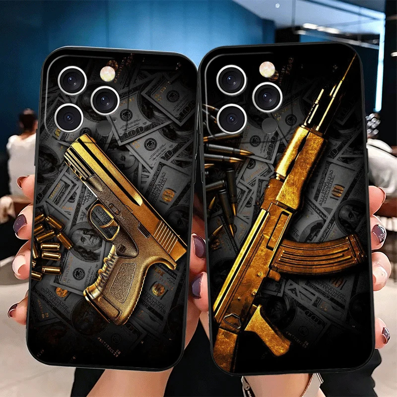 Чехол для телефона из силикона с дизайном пистолета AK47 и пуль, для iPhone 11 12 13 14 15 16 17 Pro Max 16E 17E Air Mini X XS, черный, мягкий