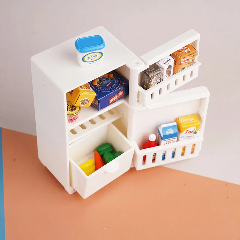 Mini geladeira pequena, casa de brincar, brinquedo, acessórios para casa de bonecas, simulação de comida, bebida, conjunto de geladeira, modelo de ornamentos de cena