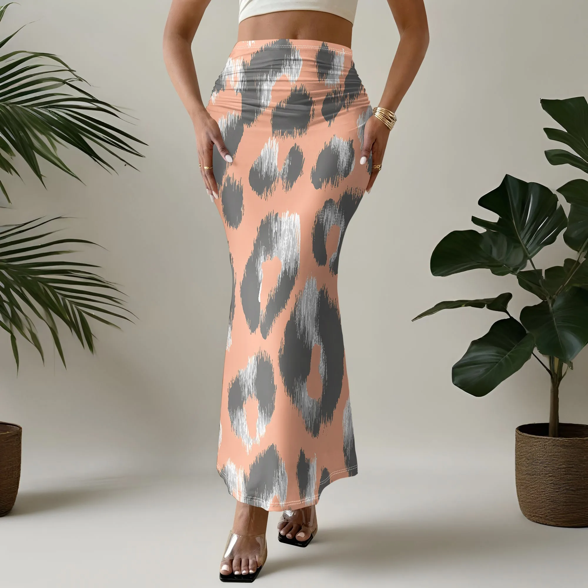 Peach Leopard Print Mermaid Skirt, High Waist Bodycon Maxi Skirt, Stretchy Party Club Wear, S-3XL