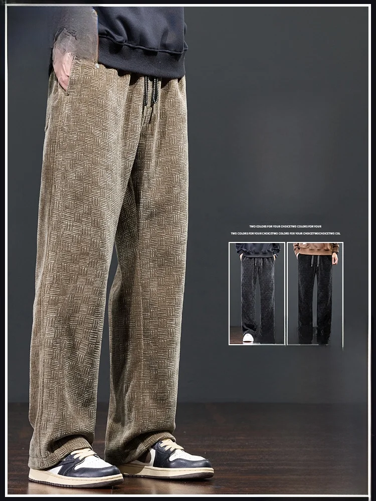 

Paul High-End Plaid Emed Fce Lined Thi Straight Leg Pants Men's Korean Sle Drapey Long Trousers Autumn Winter Warm...