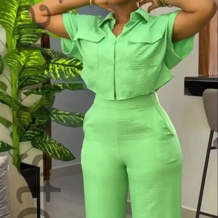 Euro-American Solid Two Piece Sets Spring Summer Turn-Down Neck Short Sleeve Loose Top & High-Waist Wide Leg Pants Set Outfits