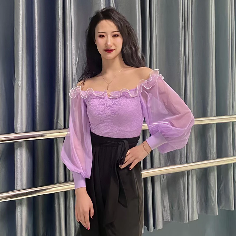 Ballroom Dance Clothes Women Fairy Lace Puff Sleeves Tops Adult Latin Dance Practice Wear Rumba Performance Clothing DNV18731