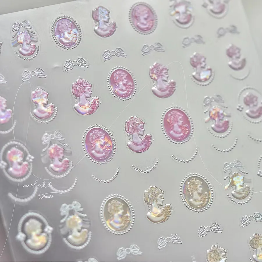 1 sheet Vintage Wind shell Light Baroque girl head nail sticker embossed premium niche French pearl nail sticker