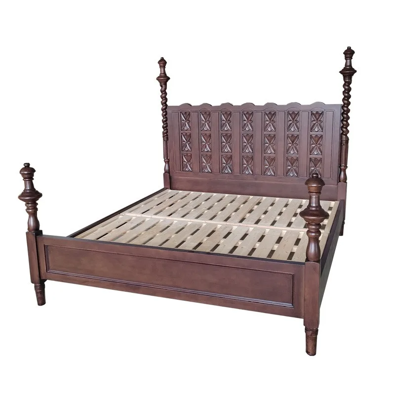 French retro solid wood bed, post-modern simple hand-carved bedroom furniture American light luxury double wedding bed carving
