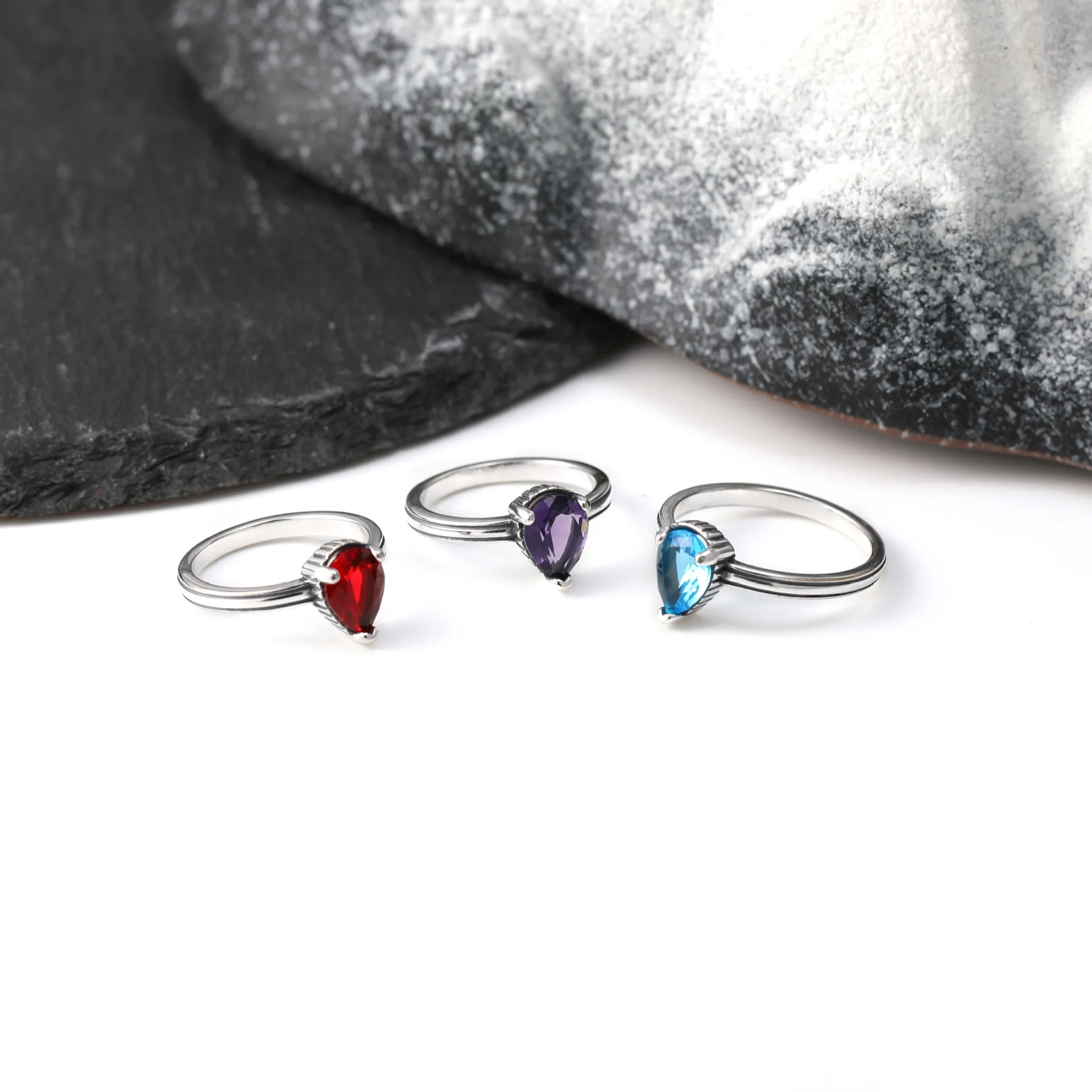 S925 Silver Teardrop‑Shaped Zircon Solitaire Ring Multi‑Color  Finger Ring Elegant Daily Party Jewelry Gift for All‑gender