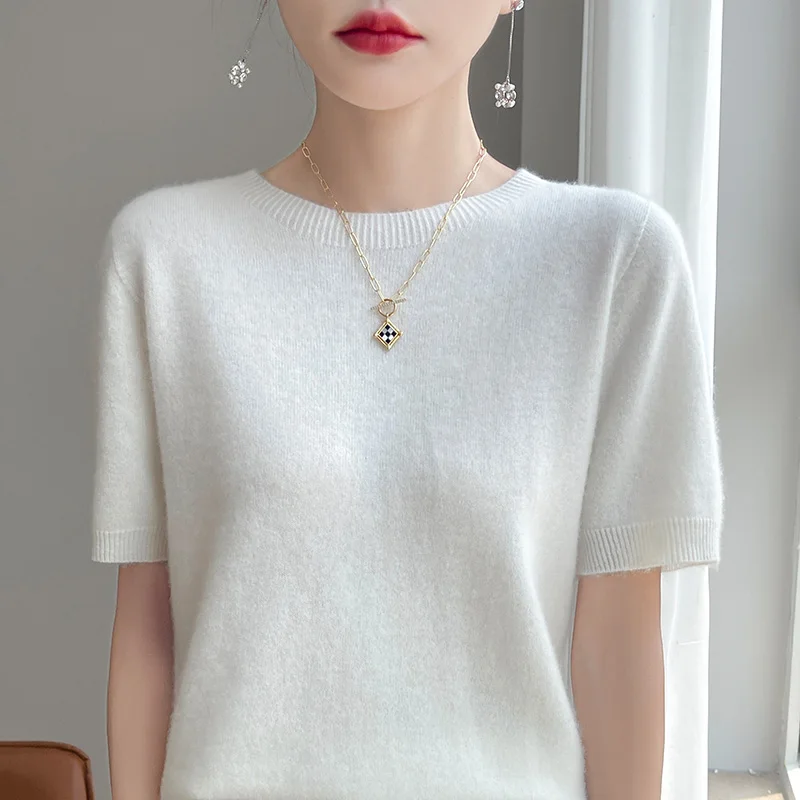 2025 Classic Seamless Cashmere Wool Pullover Fashion Short Sleeve Knitwear Sweater Round Neck Soft Warm Basic Clothing Tops
