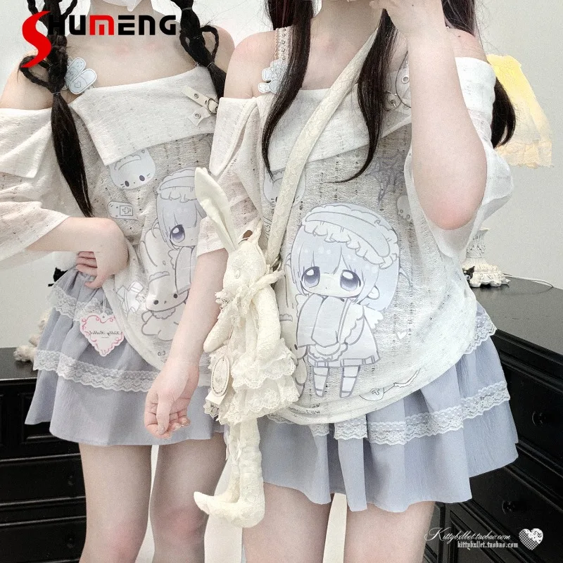 

Japanese Sweet Style Cartoon Short Sleeves T-Shirt Subculture Loose Original Top Tees Off-Shoulder Strap Tshirts Pullover Female