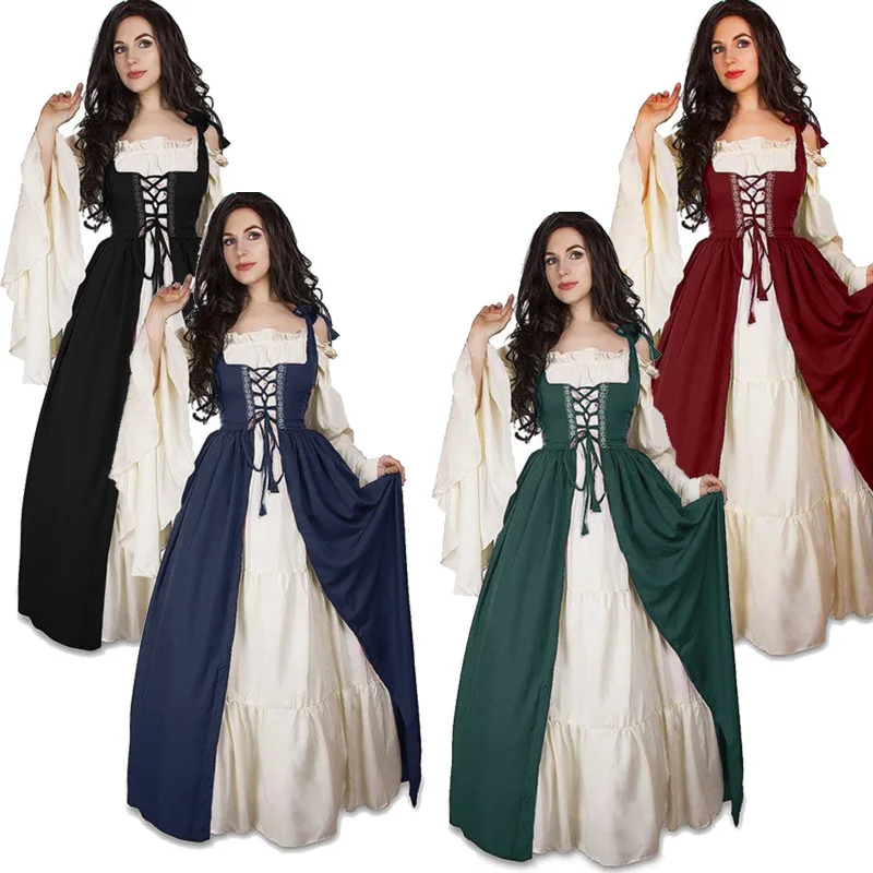 

Vintage Robe Dress Renaissance Costume Women Banding Waist Court Medieval Dress Halloween Performance Dress Waistcoat Ribbon