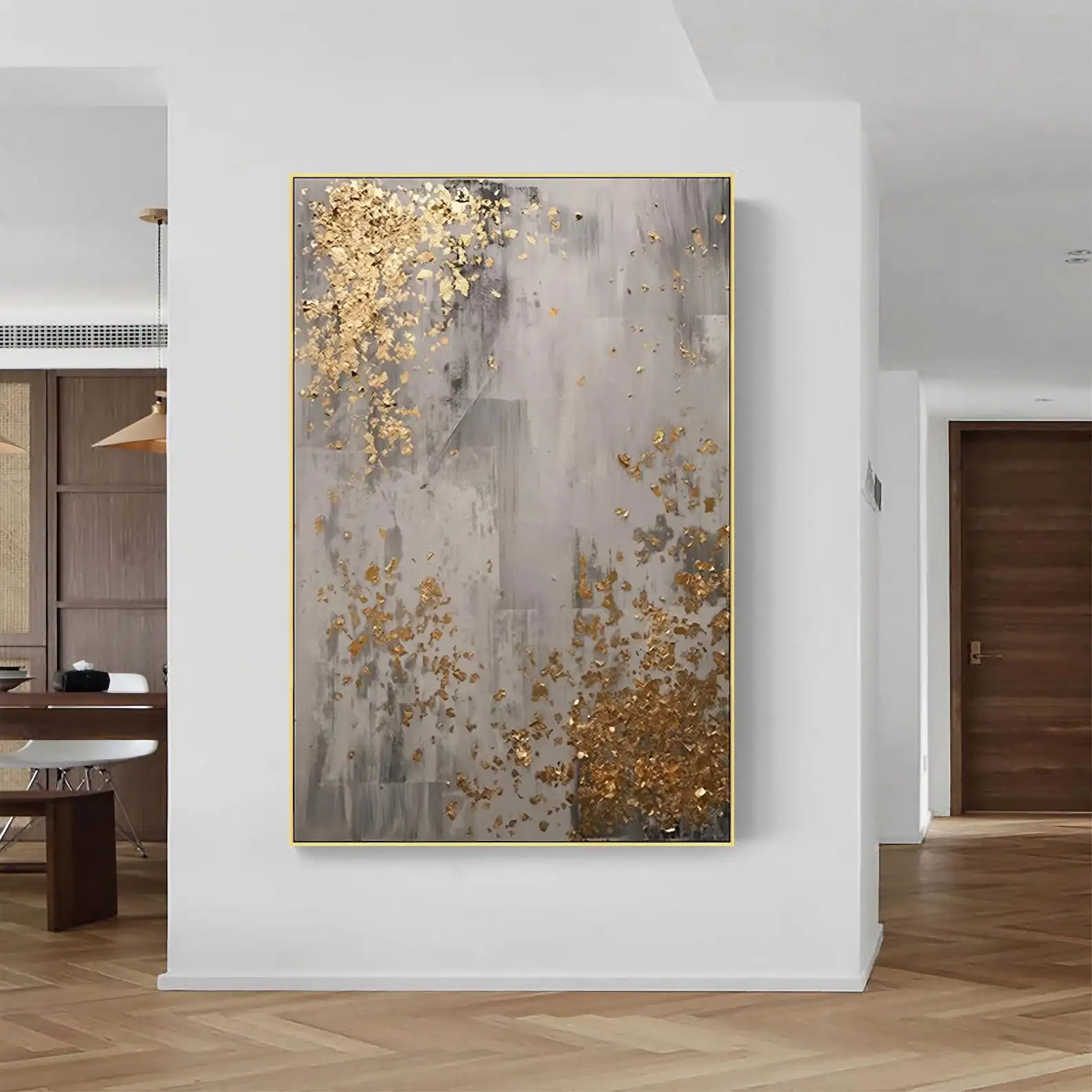 Mhemyo Wabi Sabi Neutral Grey Textured Canvas Gold Embellished Abstract Hand Painted Oil Painting For Living Room or Home Decor