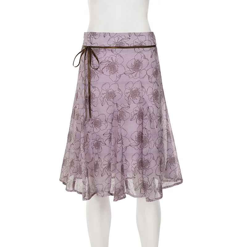 SUCHCUTE Vintage Doodle Floral Midi Skirt Contrast Ribbon Tie Waist Flowy A-line Swing Mid Length Skirt Women Holiday Bottoms image 5