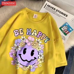 Street Cotton Womans T-Shirts Be Happy Face Cartoons Printing Short Sleeve O-Neck Breathable Loose Tops Trend Female Clothes