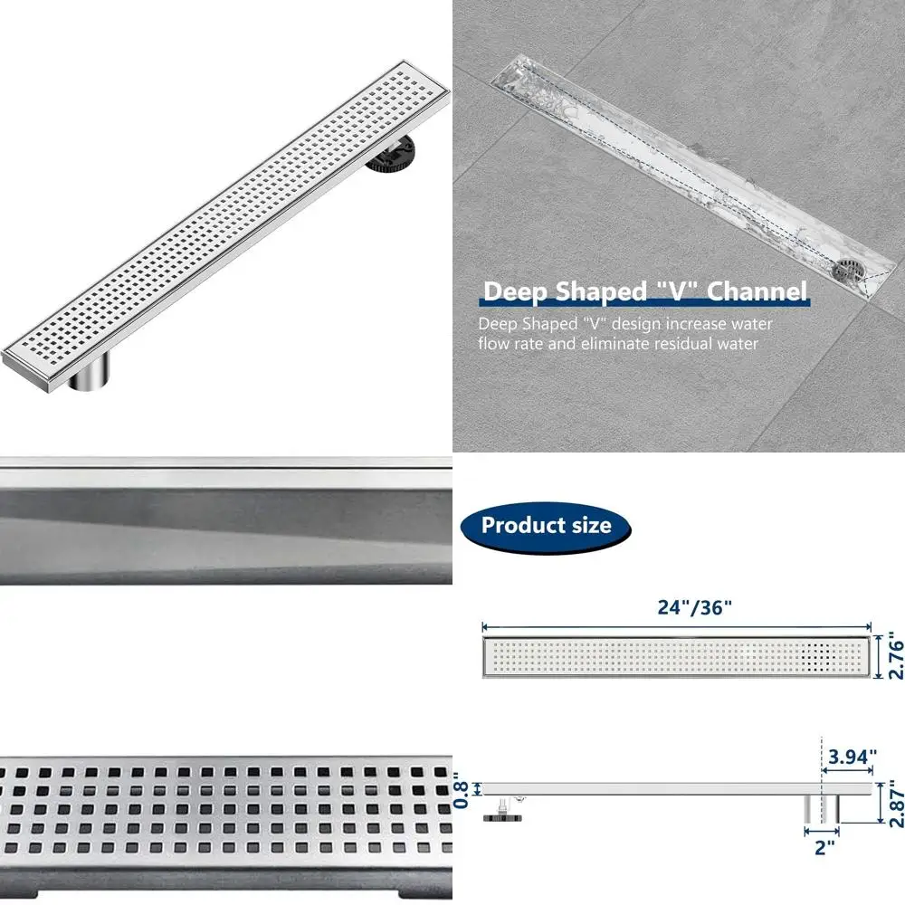 

24 Brushed Stainless Steel Linear Drain with Offset Side Outlet and Quadrato Grate